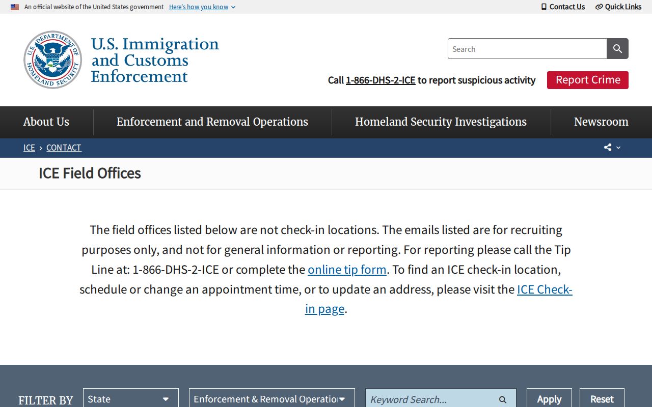 ICE Enforcement and Removal Operations contact page for Newberry County release status