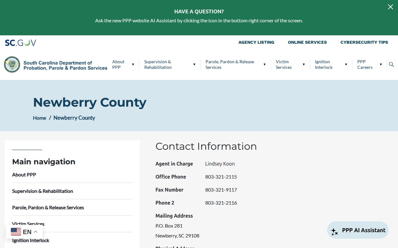 Newberry County parole and probation office directory