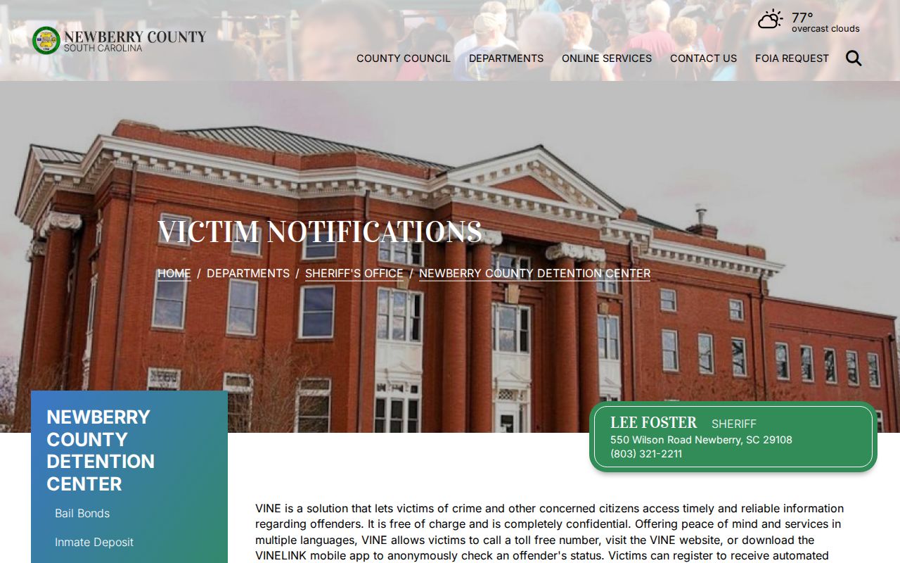 Newberry County VINELink inmate check and release notification options